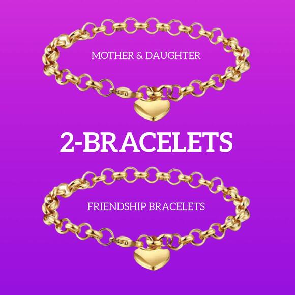 2 Gold Heart Charm Matching Mother & Daughter Friendship Bracelets - Picture 1 of 10